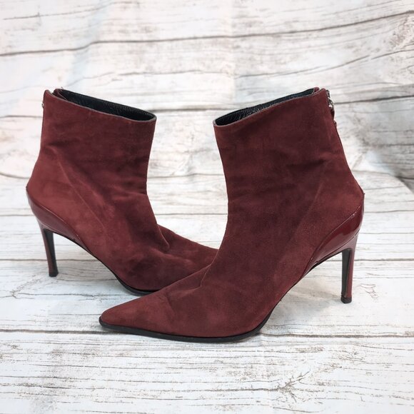 Giorgio Armani Suede Stiletto Ankle Boots Burgundy Pointed Toe Women US 6.5–7 - Picture 6 of 9